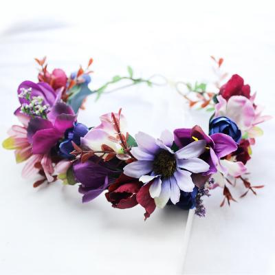 China 1960E Fabric Wreath Wedding Hair Wreath Flower Girl Headband Artificial Bohemian Bridal Floral Head Garland for sale