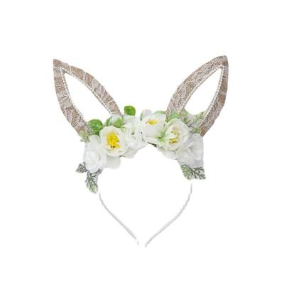 China Hair Decoration Easter Hair Accessories Cut Bunny Ear Hair Circle Girls Bunny Ears Flower Easter Headband for sale