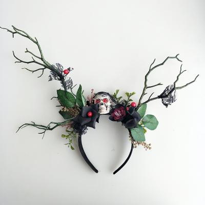 China Halloween Headpiece Black Lace Flower Leaf Skull Tree Branches Horns Headband Halloween for sale