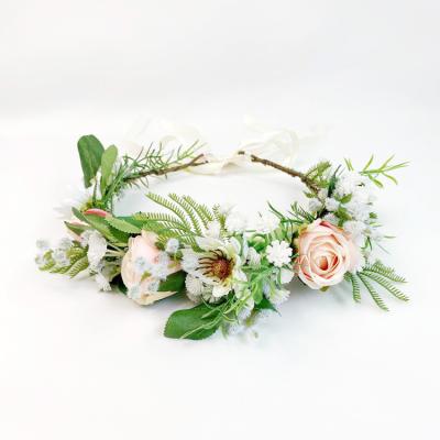 China F1090 Polyester summer headwrap handmade flower wreath artificial rose wreath floral wedding headpieces girl daisy for sale