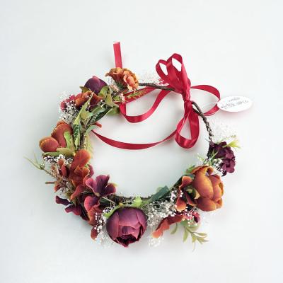 China Fc937 Wholesale Cute Burgundy Style Flower Wreath Wedding Headband Flower Headband Floral Dry Hair Decoration for sale