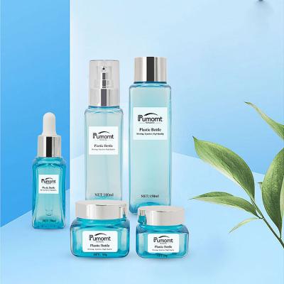 China 150 100 130Ml Recyclable High Quality Blue Luxury Cosmetic Containers Eco-Friendly Packaging Plastic Pump Lotion Bottle Skin Care Set Packaging for sale