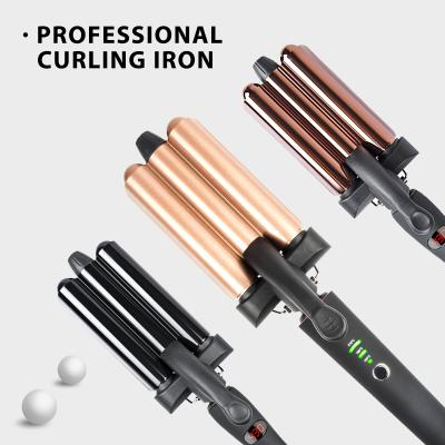 China Electric Ceramic Hair Curler Three Barrel Magic Hair Curler Iron Mermaid Wave Magic Wand Hair Curler 3 Barrel Hair Curler for sale