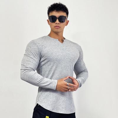 China Breathable Long Sleeve Outdoor Basketball V-Neck Sports Tee Men's Running Leisure Long Sleeve Training T-Shirts for sale