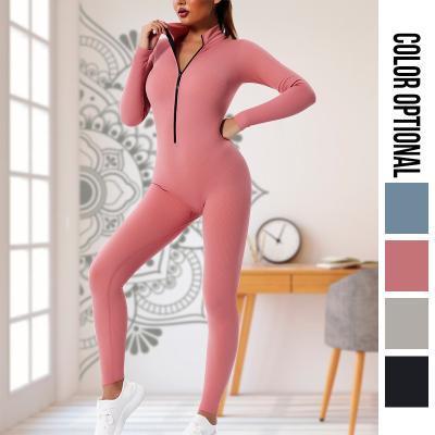 China Breathable Gym Clothes Women Seamless Yoga Suit Set Ribbed Sports Bodysuits Long Sleeve Workout One Piece Jumpsuit for sale