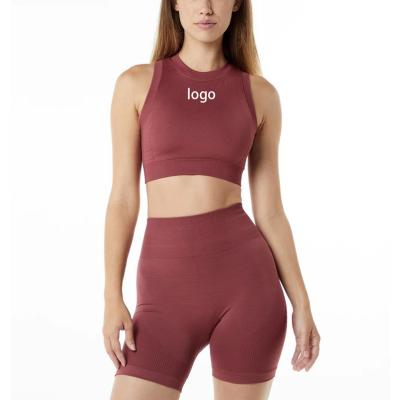 China Antibacterial Custom Seamless Yoga Sets Quick Dry Fitness Sport Gym 2 Piece Tank Crop Tops Shorts Gaiters Set Women Activewear for sale