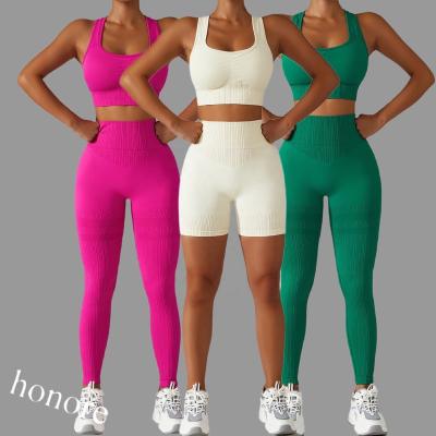 China Anti-Static Ribbed Sportswear Women Workout Romper Leggings Yoga Gym Fitness Running Set Clothing for sale