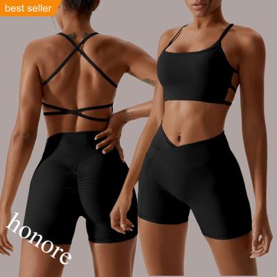 China Nude High Quality Premium Exercise Wear Hang Neck Beautiful Back Bra Yoga Suit Breathable Workout Clothing Yoga Shorts 2 Pieces Yoga Set for sale