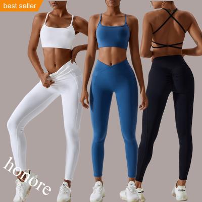 China Shockproof Breathable Women Sports Bra Top Solid Color Gym Gaiters Fitness Workout Breathable Yoga Set For Women for sale