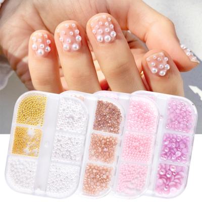 China Nail Art Decotation 6 Grids Nail Art Colorful Round Semicircle Pearl Fake Nail Stones Mixed Colors 3D Charm Nail Art Decorations for sale