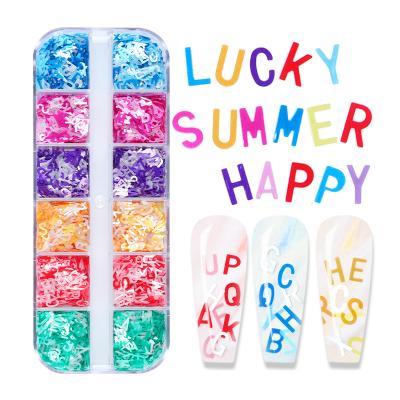 China New Arrival 24 Hoops Finger Decoration 12 English Letters Nail Nail Art Accessories Glitter Glitter Sequins Colorful Word Nail for sale