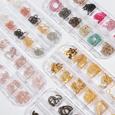 China Finger Decoration 12 Grids Metal Nail Art Decoration Gold Alloy Silver Chain Mixed Style Nail Chains Ins Metal Accessories Decorative Manicure for sale