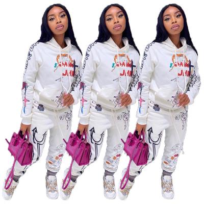 China 2020 Fall Fashion Graffiti Women Clothing High Street Breathable Two Piece Set Hoodies With Joggers Outfit Sports Casual Wear for sale