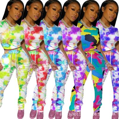 China Anti-Wrinkle F-HR12 Casual Tie Dye Anti-Wrinkle F-HR12 Sports Suit Bodycon Tracksuit Women Two Piece Workout Workout Stacked Crop 2 Piece Stacked Pants Outfit for sale