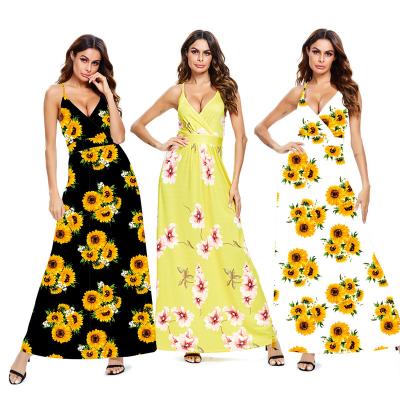 China New Women's Breathable Fashion Sexy Deep V-Neck Strap Long Beach Sunflower Floral Printing Wear Women's Sling Beach Sleeveless Dress for sale