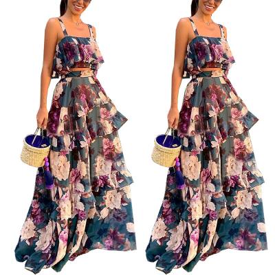 China 2021 Summer Dress Chiffon Breathable Tank Top And Long Skirt Floral Sun Dresses Two Piece Dress Outfit for sale