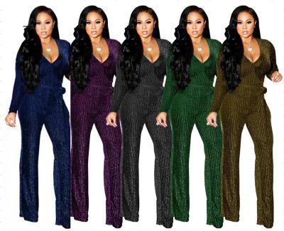 China Women QUICK DRY Casual Sexy V-Neck Sparkly Overalls Sheath Long Onesie Loose Pants Party Clubwear With Belt for sale