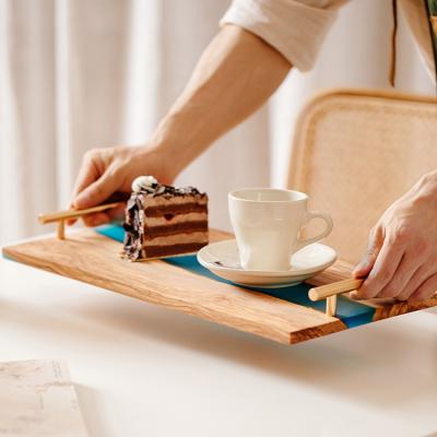 China New Design Home Hotel Wedding Restaurant Kitchen Party Eco-friendly Home Wedding Use Olive Wood and Resin Serving Tray with Metal Handles for sale