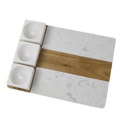 China Viable Custom Acacia Wood Logo and Marble Food Charcuterie Board Serving Tray Set with 3 Condiment Bowls for sale