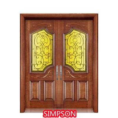 China Waterproof Wood Carving Double Head Sheet Solid Wood Door With Iron for sale