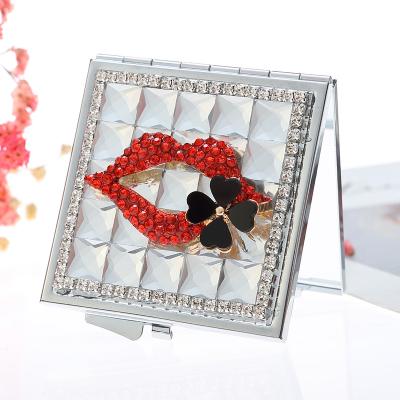 China Magnifying Mirror Diamond Lipstick Square Small Mirror Double Sided Folding Portable Handheld Bag Makeup Mirror for sale