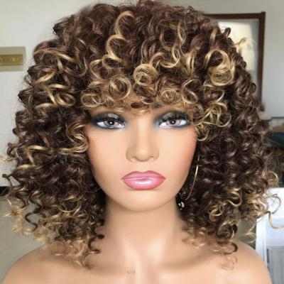 China Honey Brown Wig Afro Kinky Hair Extension Wholesale High Quality Synthetic Hair Wigs Short Soft Curly Bangs for sale