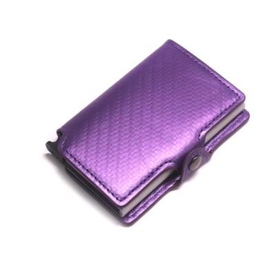 China Purple RFID Carbon Fiber Wallet RFID Blocking Aluminum Automatic Noise Cards Bundle Up Slim Metal Card Case Holder Wallet for sale