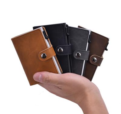 China RFID Blocking Protects Side Push RFID Blocking Automatic Card Holder PU Wallet Aluminum Alloy Leather Noise Up Card Box Metal Case Slim Wallet for sale