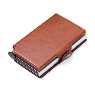 China RFID Blocking Protect Retro Brown PU Leather Wallet with RFID Blocking Card Holder and Aluminum Alloy Pop Up Function for Holding Credit Cards for sale