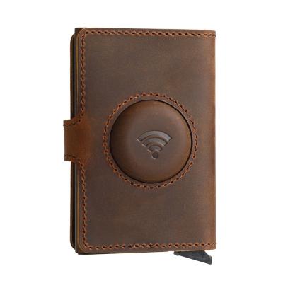 China Anti-theft Side Push RFID Blocking Card Holder with Genuine Leather Protective Wallet Case for Apple Airtag for sale