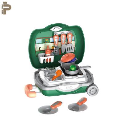 China Portable PP/PE Children Role Play Suitcase Luggage Kitchen Tableware Pretend Play Toy Set For Kids for sale