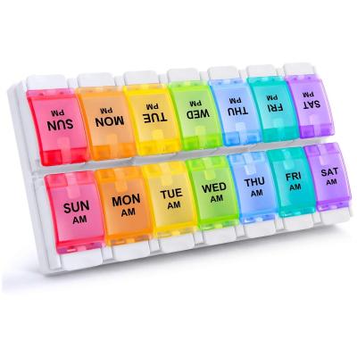 China Plastic Weekly PP AM P.M. 7 Day Pill Organizer Portable Daily Pill Case Pill Box With Push Button Design for sale