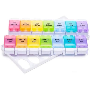 China Plastic Weekly PP AM P.M. 7 Day Pill Organizer Portable Daily Pill Case Pill Box With Push Button Design for sale