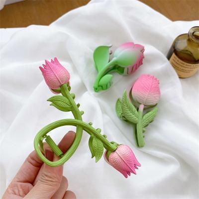 China Double Soft Plastic Tulip Real Flower Hair Claw Rose Hair Clips New Design Rose Metal Hair Accessories 2022 Large for sale