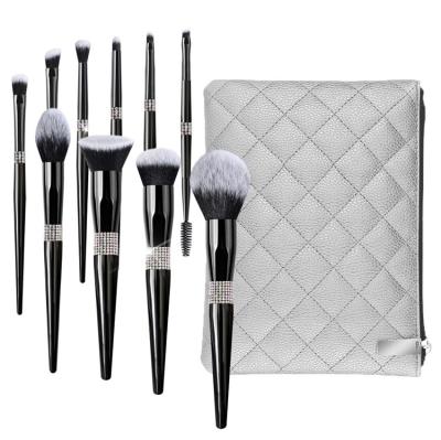 China Angular Blush 2022 New Make Up Tools Private Label Black Vegan Hair Bling Synthetic Rhinestones Makeup Brush With Pouch for sale