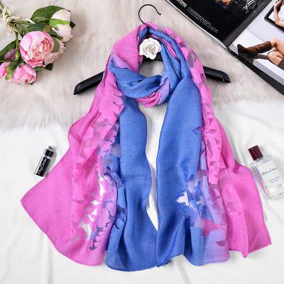 China The silk lace scarf the cut flowers embroidery gradient color gauze scarf cavity organza cotton and linen scarf for sale