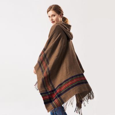 China Artificial wool ladies thickened color faux cashmere jacquard striped shawl to keep warm and lengthen fashionable hooded coat for sale