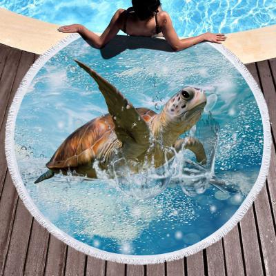 China Superfine Fiber Beach Towel Round Printed Microfiber Plus Fringed Sea Turtle Pattern Beach Towel for sale