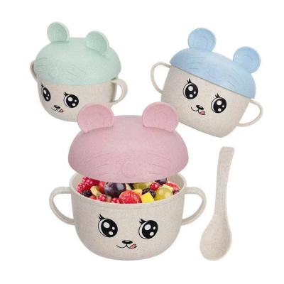 China Wheat Straw Bowls For Kids Plastic Light Soup Bowl Cute Unbreakable Viable Cartoon With Spoon Kids Feeding Bowls for sale