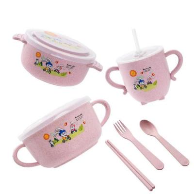 China Microwave Safe 6 Pcs Wheat Straw Lightweight Dinnerware Sets Unbreakable Sustainable Kids Feeding Bowls and Straw Cup for sale