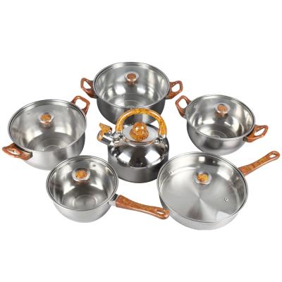 China Price stainless steel cookware set and viable cheaper kettle and frying pan set of 12 piece cookware utensils for sale