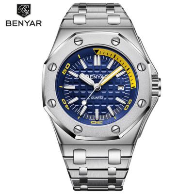 China Water Resistant Benyar 5123 Fashion Waterproof Sport Watch Men Stainless Steel Wristwatch Mens with free watch box for sale