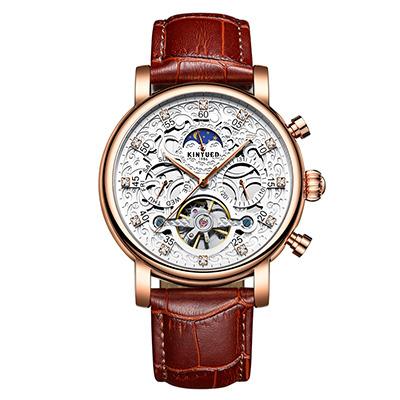 China Water Resistant KINYUED JYD-J026 Skeleton Automatic Watch Men Sun Moon Phase Waterproof Mens Tourbillon Mechanical Watches for sale