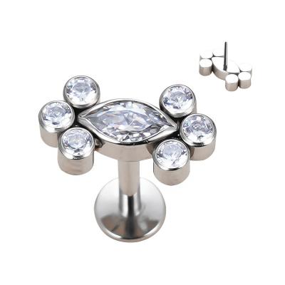 China F136 Titanium Punk Piercing Internally Threaded And Embedded Marquis CZ With Round Top 6 CZ Labret Studs Body Piercing Jewelry for sale