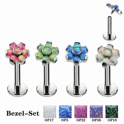 China Gzn Wholesale Punk Body G23 Titanium Piercing Internally Threaded Bezel Set Opal Stone Flower Labret Lip Stud Jewelry for sale