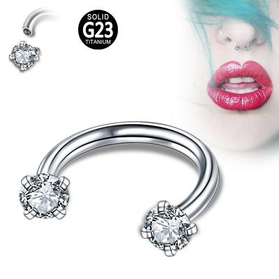 China ASTM F136 Punk Titanium Round CZ Double Fork Set Labret Horseshoe Body Stud Lip Lip Rings Nose Piercing Jewelry for sale