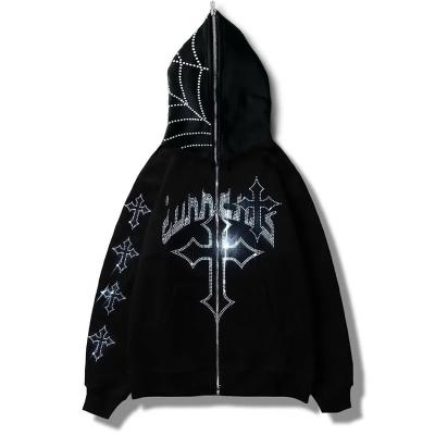 China Anti-wrinkle Hoodies Zipper Custom Zip Hoodie Y2K Pullover Oversized Zipper Rhinestone Hoodies for sale