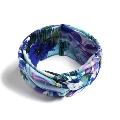 China European and American Blue Wide External Cross Headband Yoga Dye Tie Style Elastic Cloth Printing Headband For Lady for sale