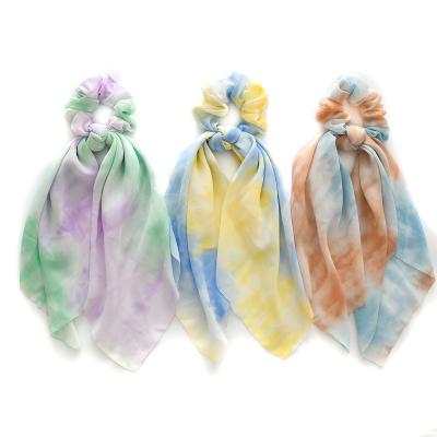 China New Style Tie Dye Women Hair Sliver Fashion Hair Bands Headbands Ties Long Chiffon Girl Ponytail Hair Scrunchies Main Ring Color Mix for sale