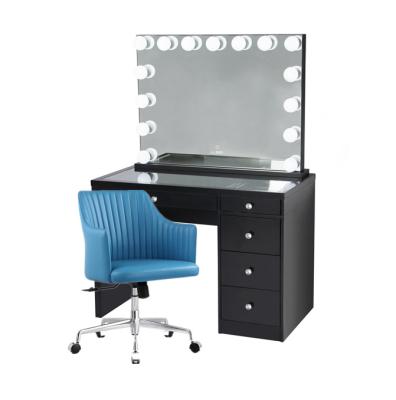 China Classic Black Luxury Glass Top Vanity Makeup Dresser Dresser With Lighted Mirror And Drawer Storage for sale